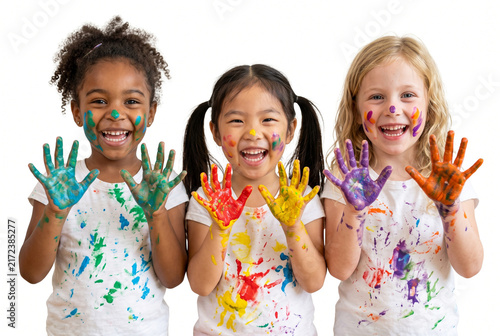 Three diverse smiling girls showing colorful painted hands on white