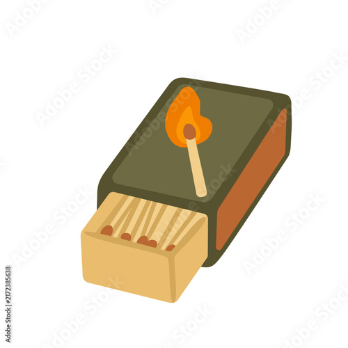 Flat vector illustration of an open matchbox with a burning match, representing fire, camping, outdoor activities, survival and wilderness adventures.