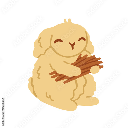 Flat vector illustration of a cute bunny carrying a bundle of brushwood, depicting a cozy woodland camping scene with a friendly animal character and outdoor nature.