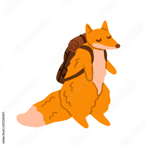 Flat vector illustration of a cute fox with a backpack, ready for a woodland camping adventure, hiking through nature and exploring the wilderness.