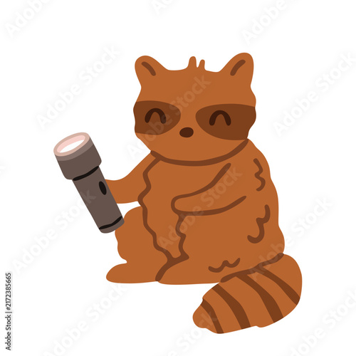 Flat vector illustration of a cute raccoon holding a flashlight, exploring the forest during a woodland camping adventure with a friendly wildlife character.