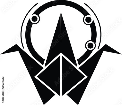 Minimalist origami crane vector icon with circular geometric rings, black and white abstract paper bird emblem, modern folded paper crane silhouette on a plain white background