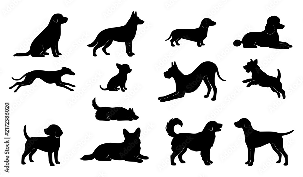 Obraz premium Dog silhouette vector collection with different breeds poses and canine pet characters