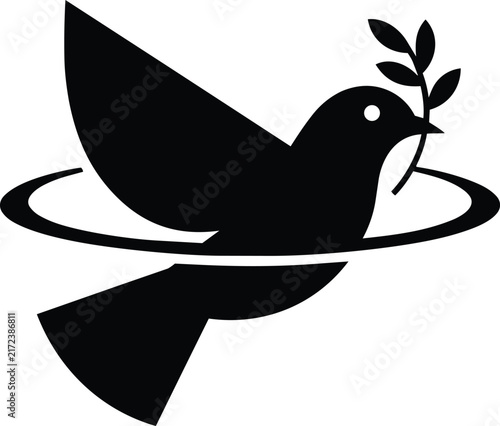 Peace dove flying with an olive branch through a circular swoosh ring, black silhouette vector icon representing hope, harmony, freedom, and global unity on a solid white background