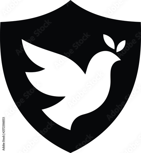 Peace dove logo inside a protective shield, white flying pigeon silhouette carrying a small olive branch leaf, minimalist black and white graphic representing global peace and harmony