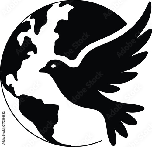 Peace dove flying across the planet Earth globe silhouette, minimalist black and white vector symbol representing world harmony, international unity, and global non-violence movement