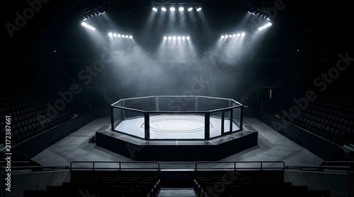 Empty octagonal fighting cage arena illuminated by bright stage lights
