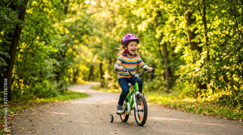 Young Girl Riding a Bicycle on a Scenic Forest Path in Autumn