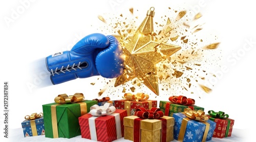 Fototapeta kuchenna Blue boxing glove hitting a gold star over christmas gifts