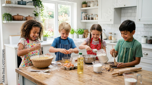 Children Baking Cookies in Bright Modern Kitchen Together