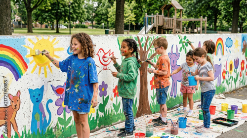Kids Painting and Playing Outdoors Near a Colorful Murals Wall