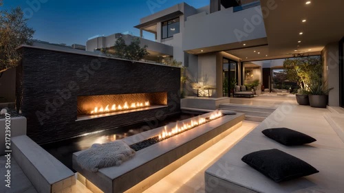 Elegant modern patio with built in fireplace and minimal decor warm firelight soft ambient lighting spacious layout high end outdoor design
