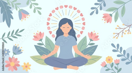 Mindfulness and relaxation illustration with woman meditating amidst calming flowers
