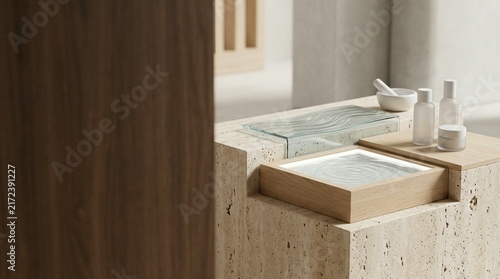 A minimalist spa scene featuring a modern stone counter with apothecary bottles, a glass tray, and a mortar and pestle, conveying tranquility and rejuvenation.
