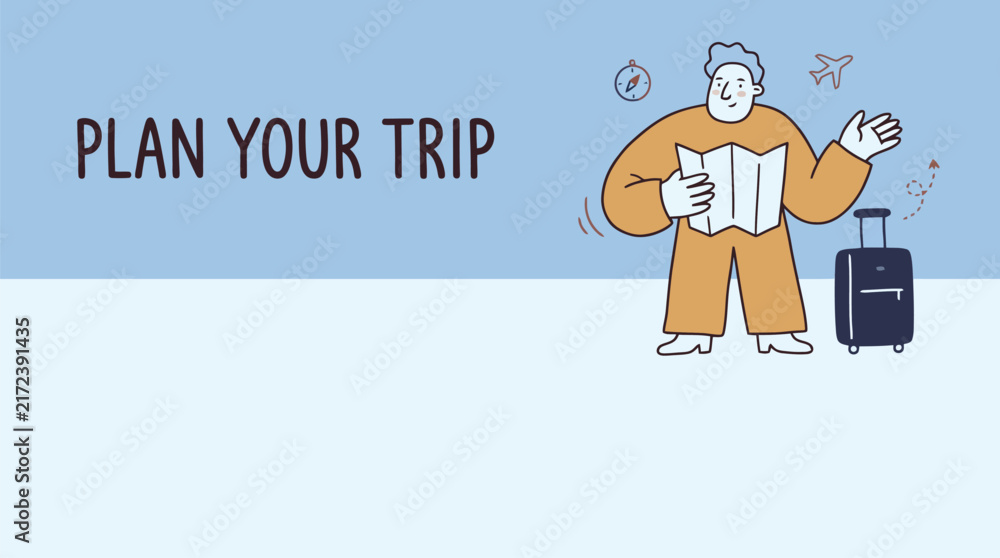 Fototapeta premium Travel planning banner with cartoon tourist, man holding paper map with suitcase, plan your trip text on blue background