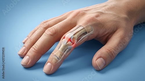 Human hand illustrates a painful finger joint with an inflamed and injured area, showing the underlying bone and cartilage structure against a blue background.
