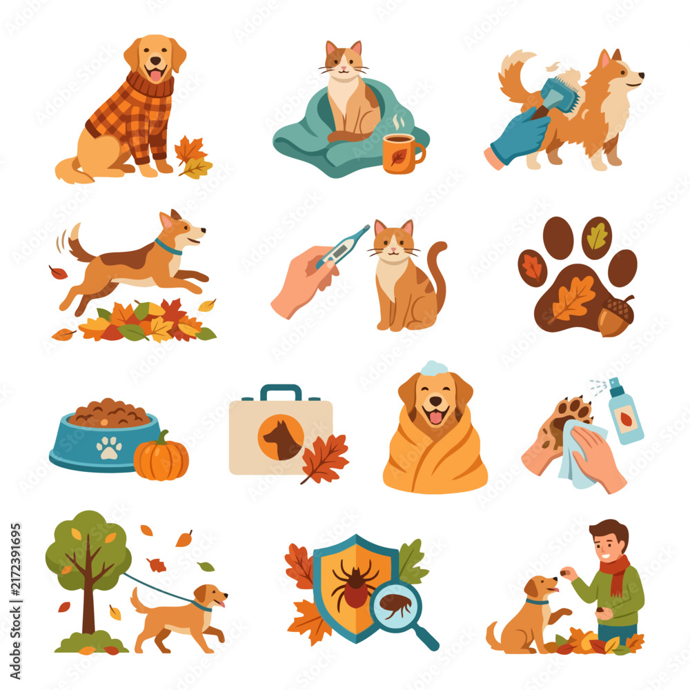 Fototapeta premium Autumn Pet Care Activities Vector Illustration Set. Modern Flat Icons for Dogs and Cats, Featuring Grooming, Playtime, Medical Check-ups, Health, and Seasonal Fun
