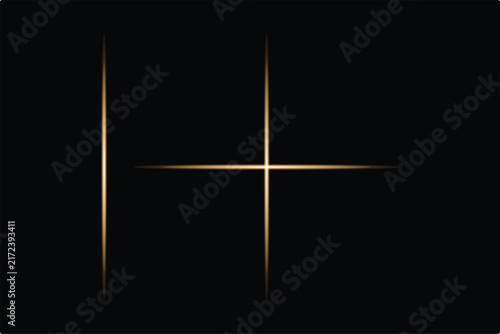 Gold Light Flare Cross and Vertical Line Vector Set on Black