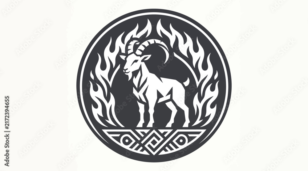 Fototapeta premium Goat emblem with flames in circular vector logo