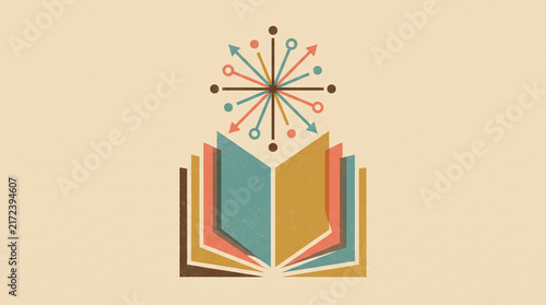 Mid-century modern book illustration with abstract knowledge starburst