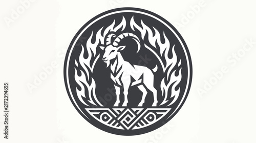Goat emblem with flames in circular vector logo