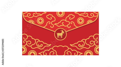 Red chinese new year envelope with gold goat and cloud patterns