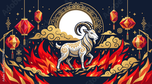 White goat standing among flames and lanterns for lunar new year