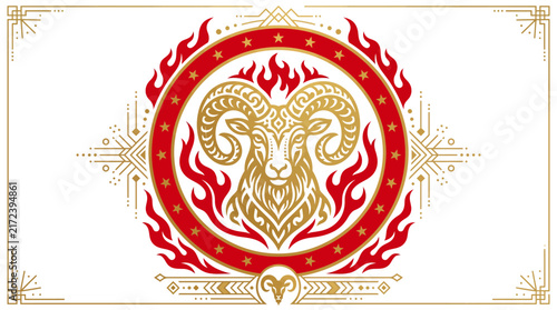 Aries zodiac sign flaming ram head in circular golden frame