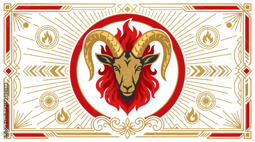 Ornate aries zodiac ram head vector illustration with fire mane