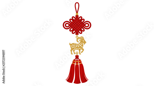 Traditional chinese mystic knot with golden goat zodiac charm