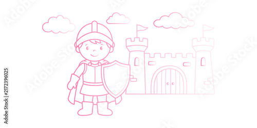 A hand drawn sketch of a brave young knight standing in front of a medieval castle fortress