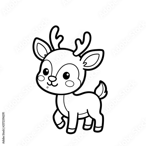 Cute little baby deer cartoon character black and white line art for children coloring book page