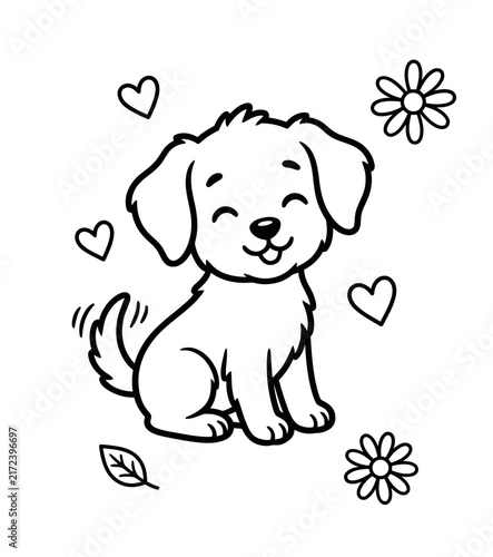 Cute cartoon puppy coloring page for kids with hearts and flowers in simple black and white line art