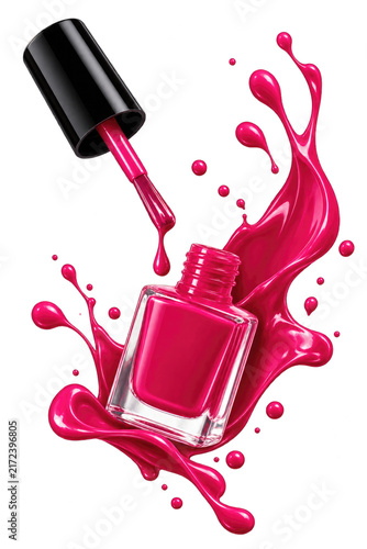 Pink Nail Polish Bottle With Dynamic Liquid Splash.