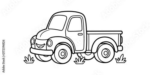 Black and white line art illustration of a cute cartoon pickup truck for children to color