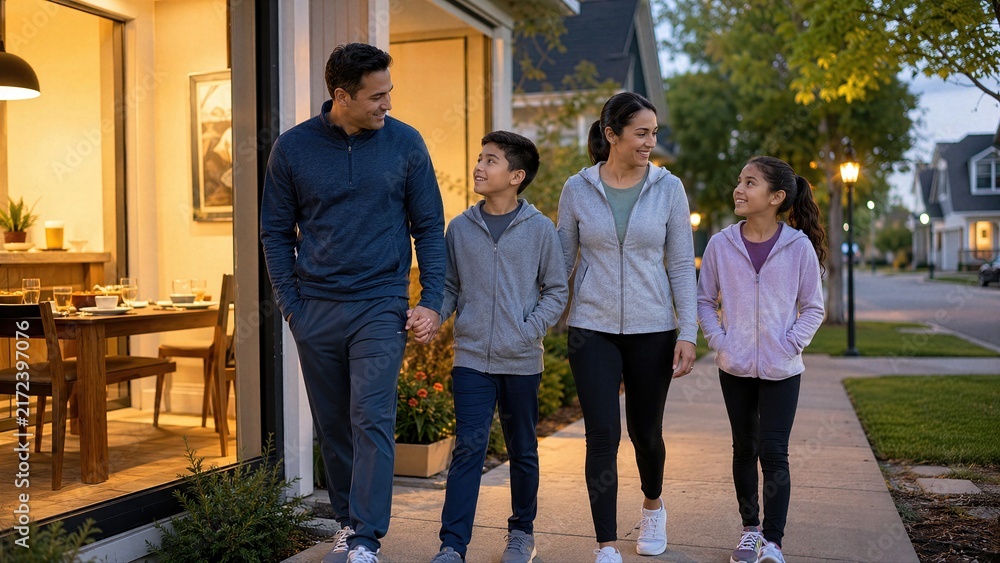 Fototapeta premium Parents and children walk together after evening meal, creating broad family wellness image around activity, digestion, routine and healthy lifestyle habits at home together.