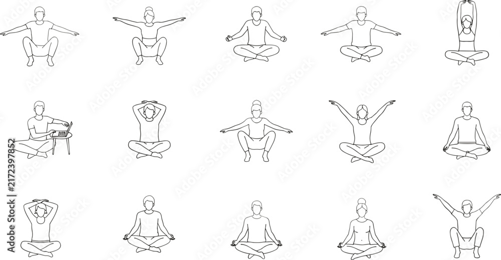 Fototapeta premium People Practicing Yoga Meditation and Stretching Exercises Line Art Vector Icon Set