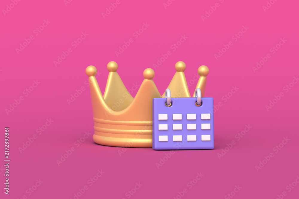 Fototapeta premium Most important date. Premium time management. Successful year achievement. Royal planning. VIP event. Best days. Top priority deadline. Luxury anniversary. Crown beside calendar. 3d render