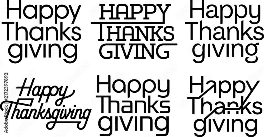 Obraz premium A collection of various artistic typography designs featuring the phrase happy thanksgiving perfect for holiday greeting cards invitations and seasonal social media