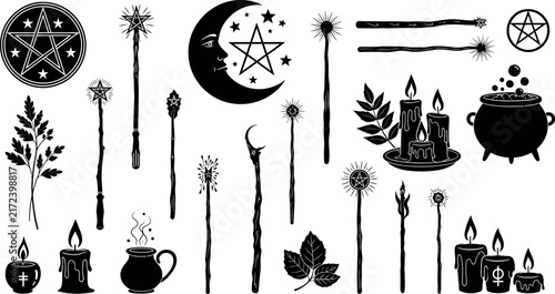 Konstfotografi Mystical witchcraft silhouette icons, occult magic wand and pentagram set, celes