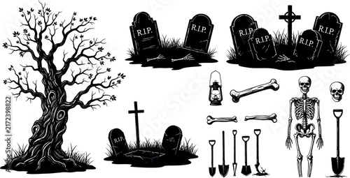 Картината върху платно Spooky Halloween graveyard vector set, creepy cemetery tombstones and skeleton i