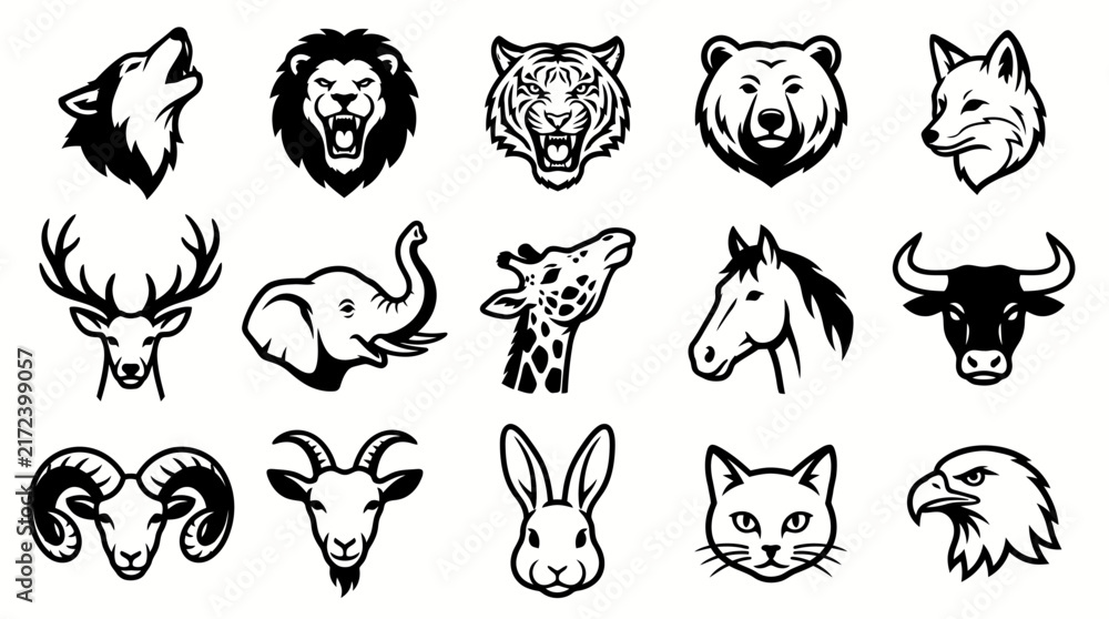 Obraz premium Black and white animal icons set