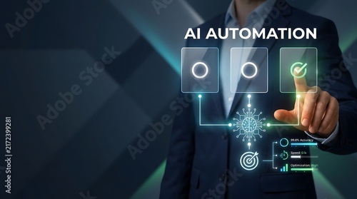 Obraz na płótnie Man interacting with futuristic artificial intelligence automation interface and digital data