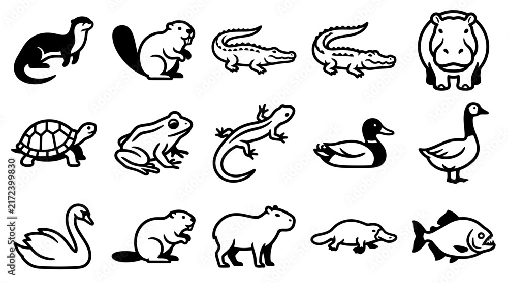 Obraz premium Woodland Animal Set. Simple Wildlife Vector Icons. Cute Forest Creatures. Black Outline Drawings for Design