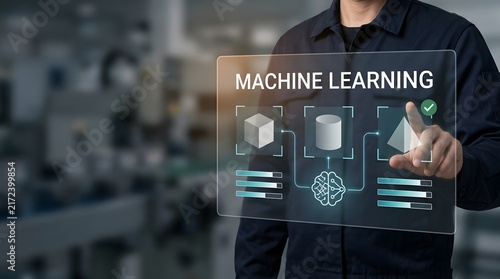 Obraz na płótnie Man interacting with futuristic machine learning interface in modern office
