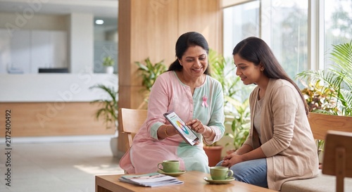 Indian Women in Breast Cancer Support Group Using Tablet in Modern Hospital Lounge