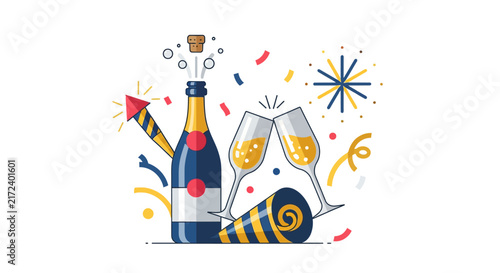 Champagne bottle and glasses celebration.