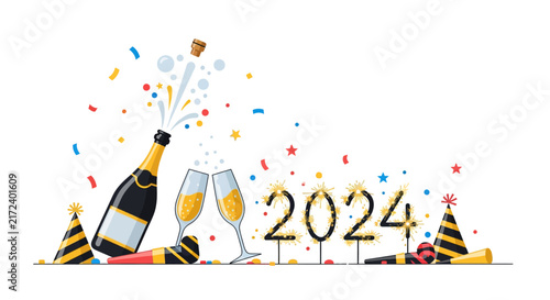 Champagne bottle and glasses celebration.