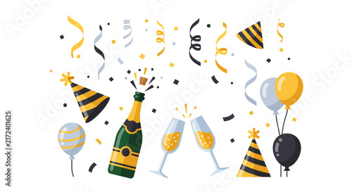 Champagne bottle and party accessories.