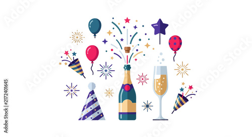 Champagne bottle and party accessories.